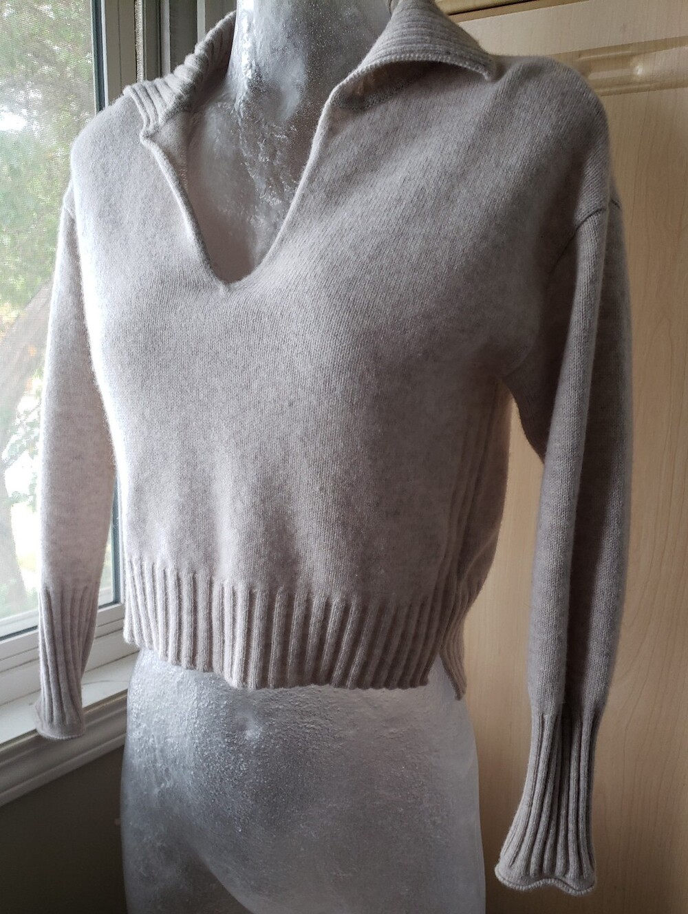 100% Merino Wool Women’s Taupe V-Neck Collared Sweater